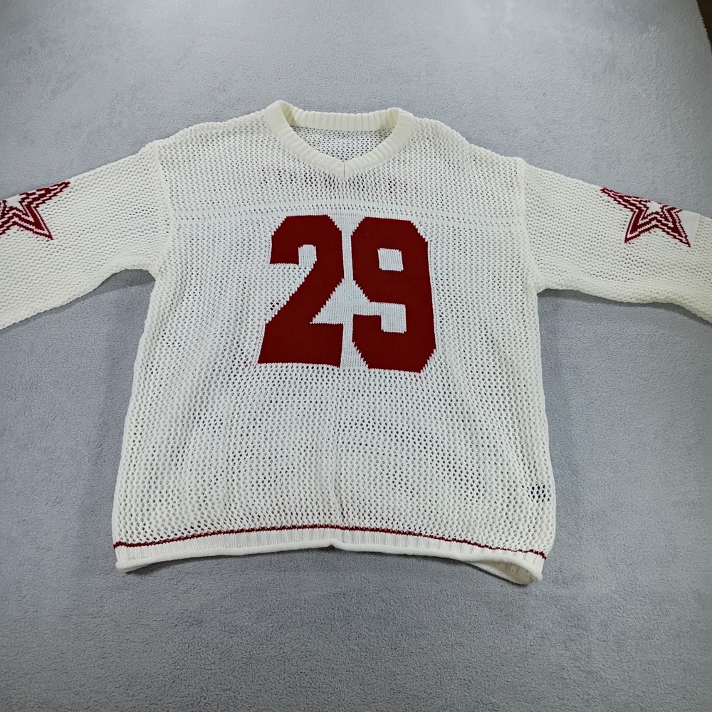 SHEIN Women Mesh Knit Sweater White XS Boston 29 Graphic Star Sleeve